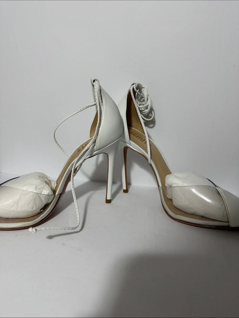 SCHUTZ White Pointed Lace-Up Heels with Ankle Wrap